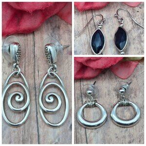 Lot of 3 Silver Tone Pierced Dangle Drop Earrings Hoops Swirl Navy Blue Centers